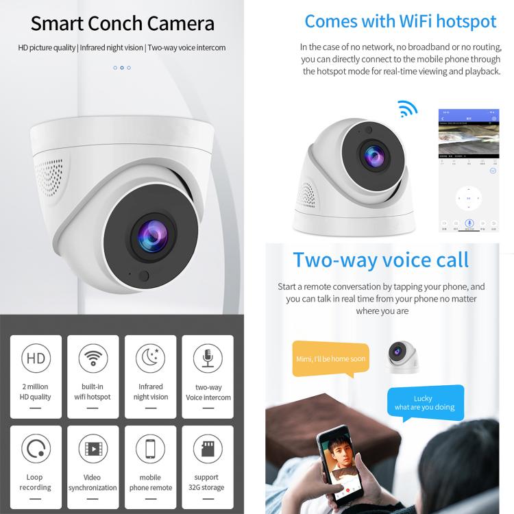 A5 Smart Conch WiFi Camera 1080P HD Night Vision IP Camera, USB Power-in, A5 (USB) A5 Smart Conch WiFi Camera 1080P HD Night Vision IP Camera, USB Power-in, A5 (USB)